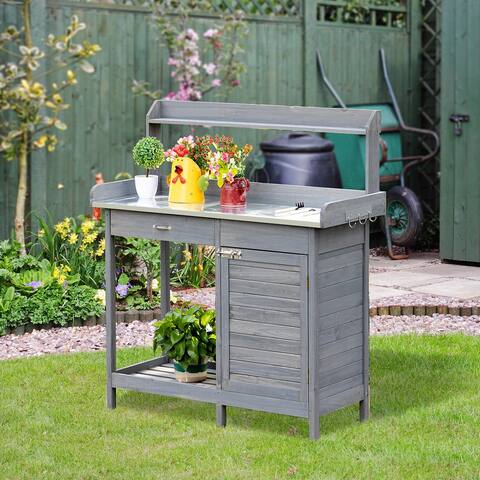 Outsunny Potting Bench Table with Storage Cabinet and Open Shelf, Garden Planting Workstation with Steel Tabletop