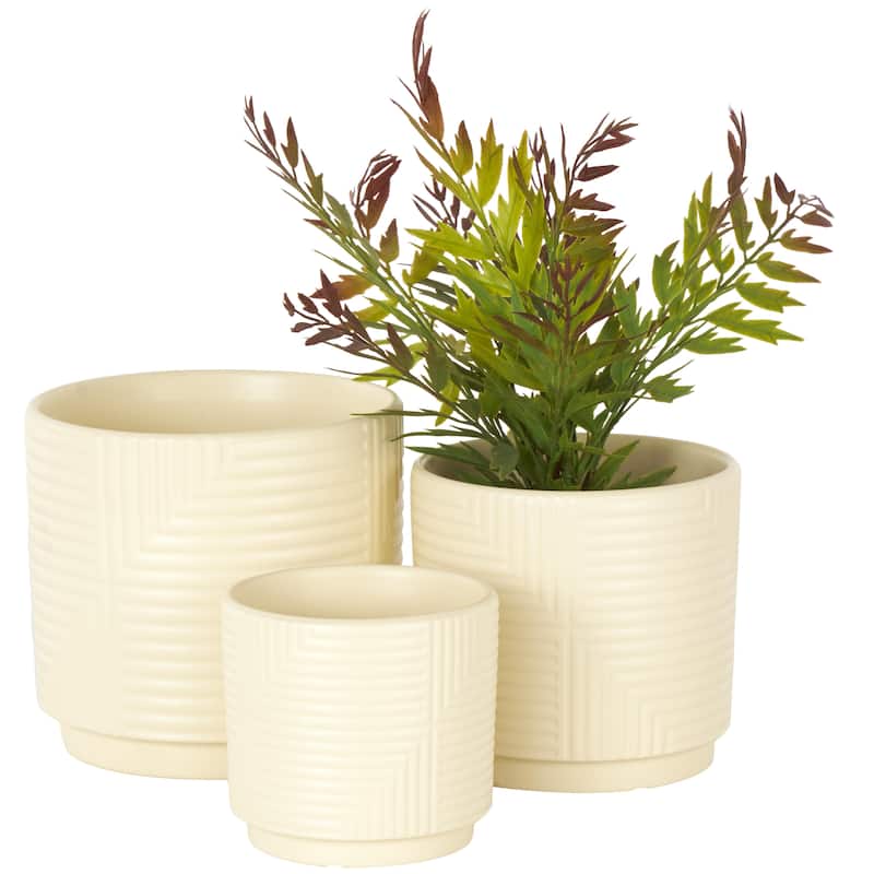 Ceramic Geometric Indoor Outdoor Planter with Layered Square Shaped Grooves - Set of 3 Pink, Cream or Gray - Roche River Decor - Cream
