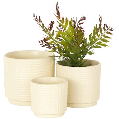 Ceramic Geometric Indoor Outdoor Planter with Layered Square Shaped Grooves - Set of 3 Pink, Cream or Gray - Roche River Decor