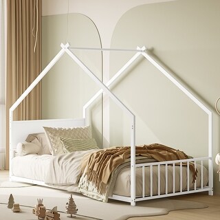 White Twin Metal Bed Frame with Slats, House Bed with Roof and Colorful Light