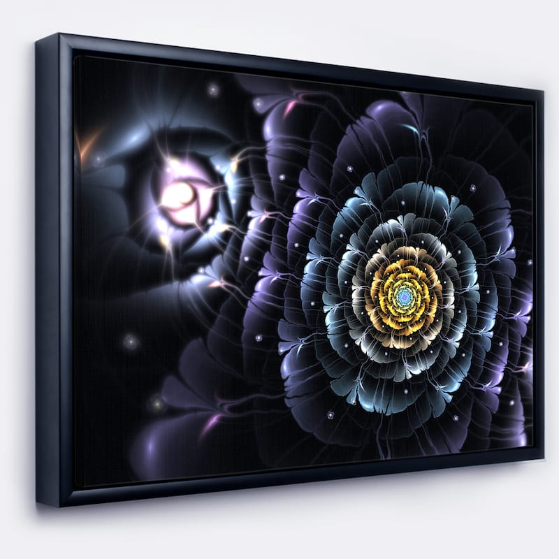 Designart "Dark Blue Fractal Flower in Dark" Floral Framed Canvas Art print - 20 in. wide x 12 in. high - Black
