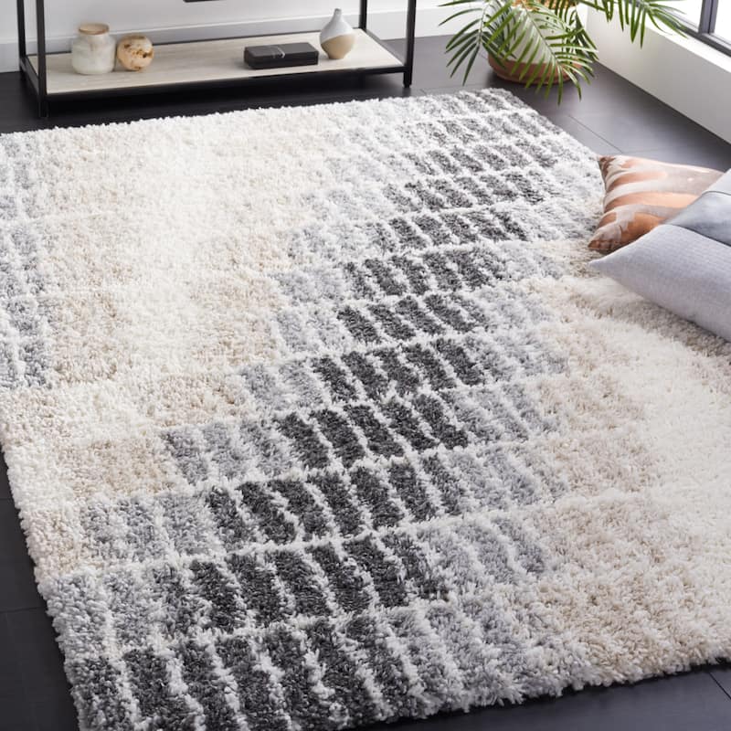SAFAVIEH Fontana Shag Fershteh Modern 2-inch Thick Rug - 6'7" Square - Ivory/Grey