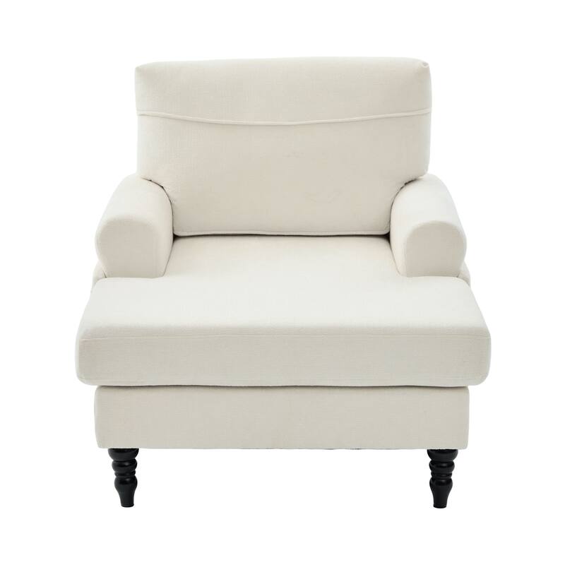 Modern Chaise Lounge Single Sofa Chair, Chenille Fabric Recliner Armchair with Side Pockets and Wooden Legs