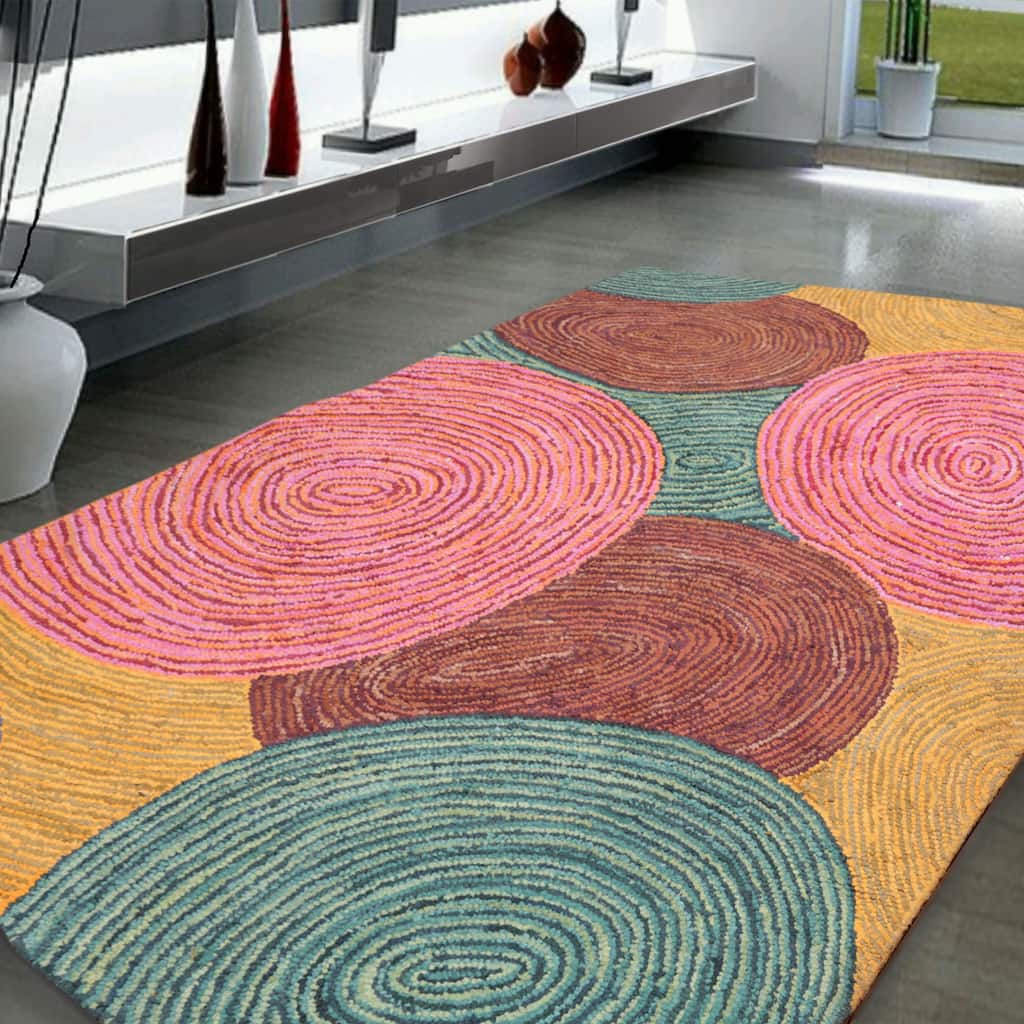 5'4x7'6 Hand Tufted Cotton Circle Medley Multi Color Cotton Area Rug Oriental Area Rug Pink, Gold Color - 5'4" x 7'6"