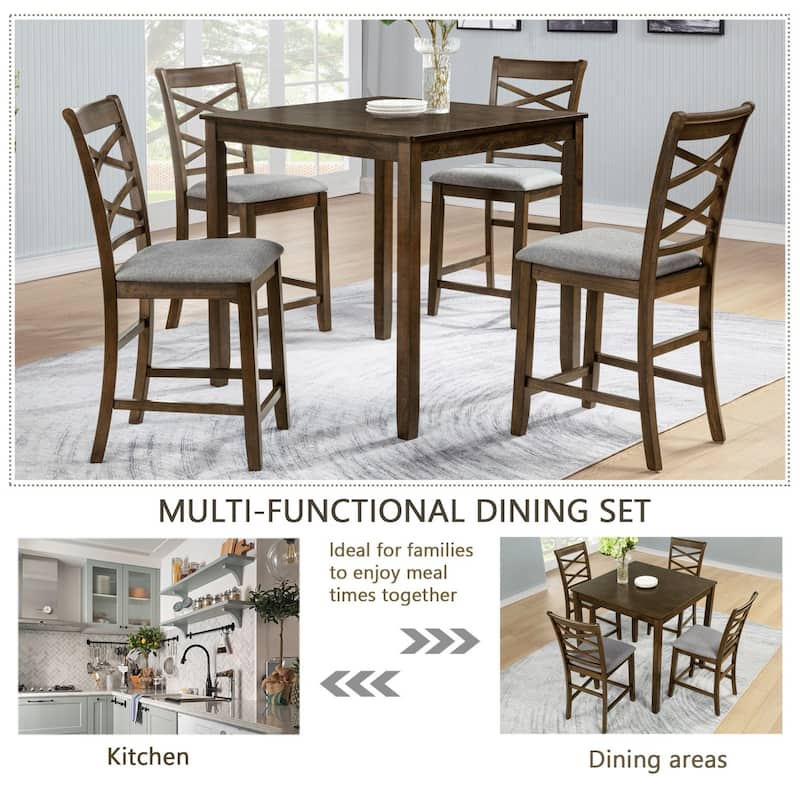5-Piece Dining Set, 34.5" Wooden Counter Height Dining Table with 4 Chairs