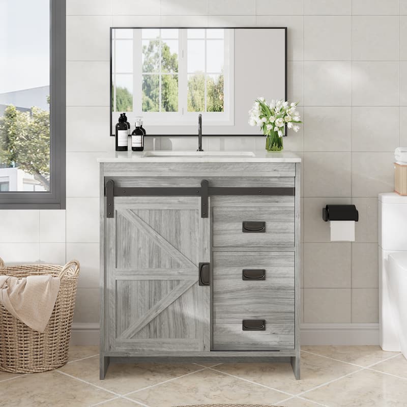 EROMMY Farmhouse Bathroom Vanity with Ceramic Top and Sliding Barn Door Sink Cabinet, Rustic Single Sink Vanity - 32"