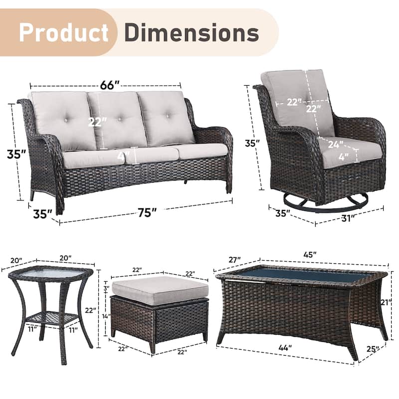 Pocassy Outdoor 7PCS 3-Seat Sofa Swivel Chairs Table Ottoman