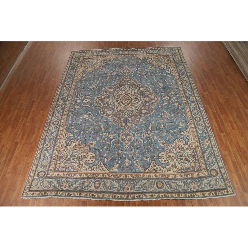 Floral Tabriz Persian Rug Handmade Blue Traditional Wool Carpet - 9'9"x 12'9"