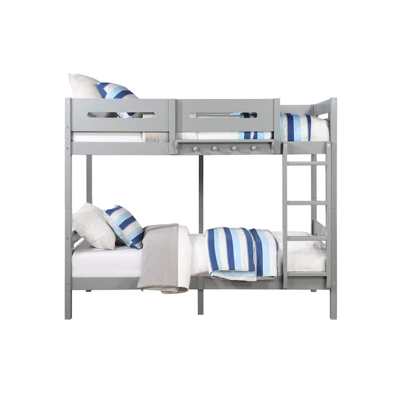 Gray Twin over Twin Wood Bunk Bed with Ladder & Fence