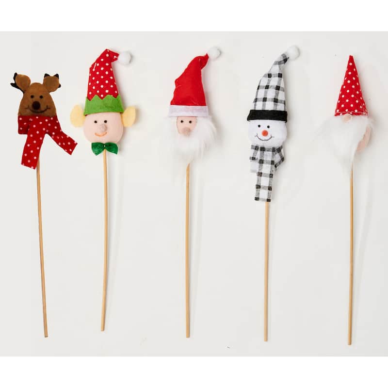 15" Holiday Figures on Wood Pick, Set of 5