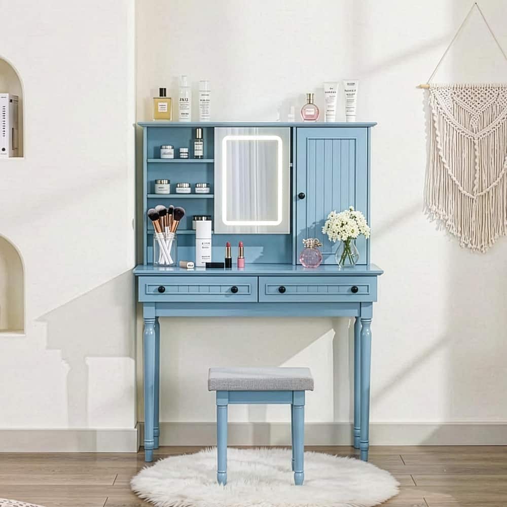 Elegant Retro Vanity Dresser with Lighted Mirror & Stool