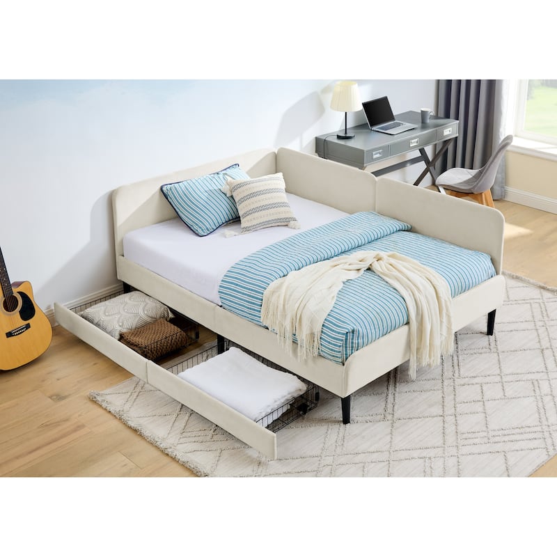 Roomfitters Twin/Full Upholstered Platform Bed with Side Backrest and Underbed Storage Trundle