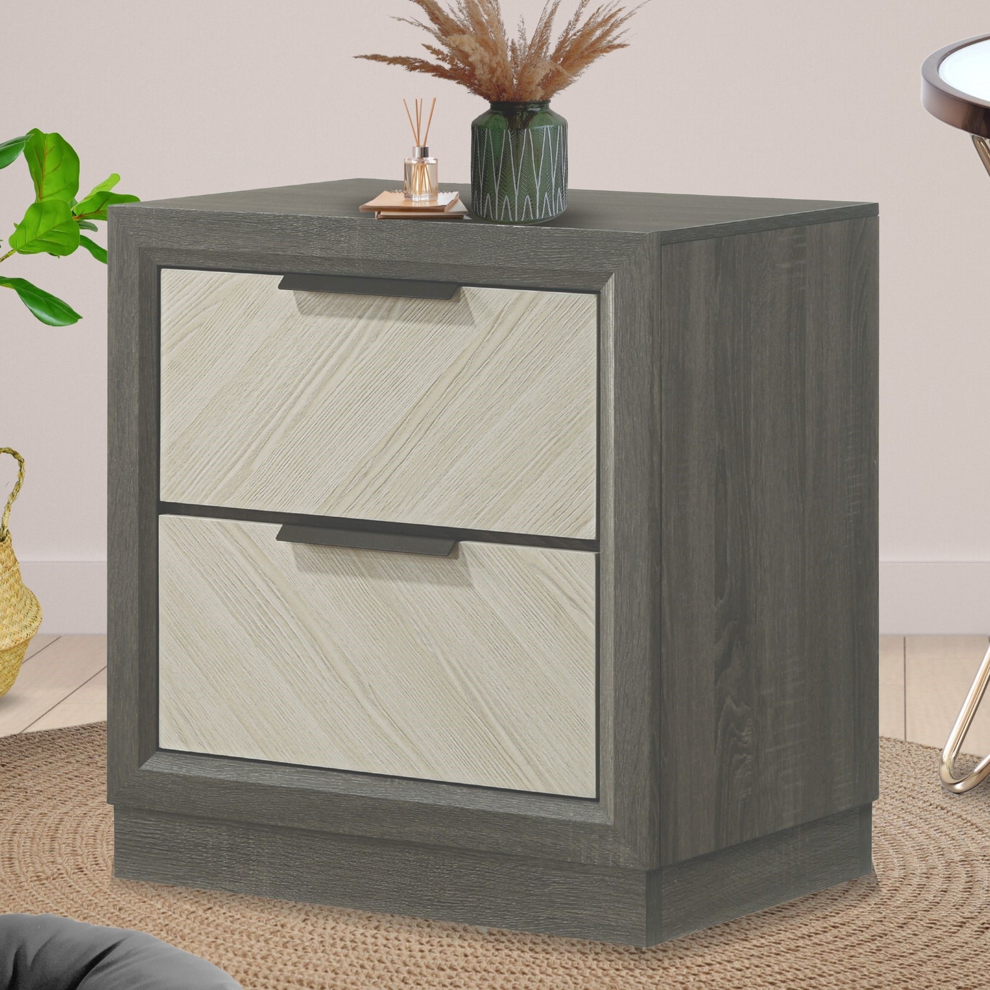 InRoom Designs White/Grey Solid Wood 2-Drawer Modern Bedroom Nightstand