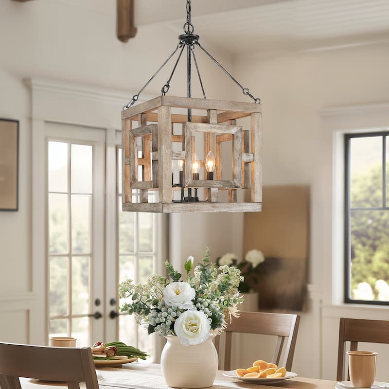 Farmhouse 4-Light Lantern Chandelier Rustic Square Wood Pendant Light - W13.5"xD13.5"xH13.5"