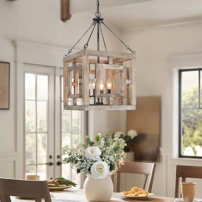 Farmhouse 4-Light Lantern Chandelier Rustic Square Wood Pendant Light - W13.5"xD13.5"xH13.5"