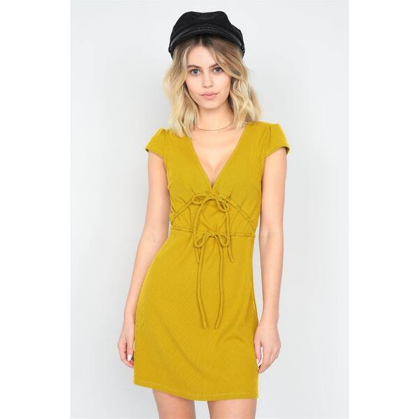 Mustard Ribbed V-neck Cap Sleeve Mini Solid Casual Dress - Bed Bath &  Beyond - 41098457