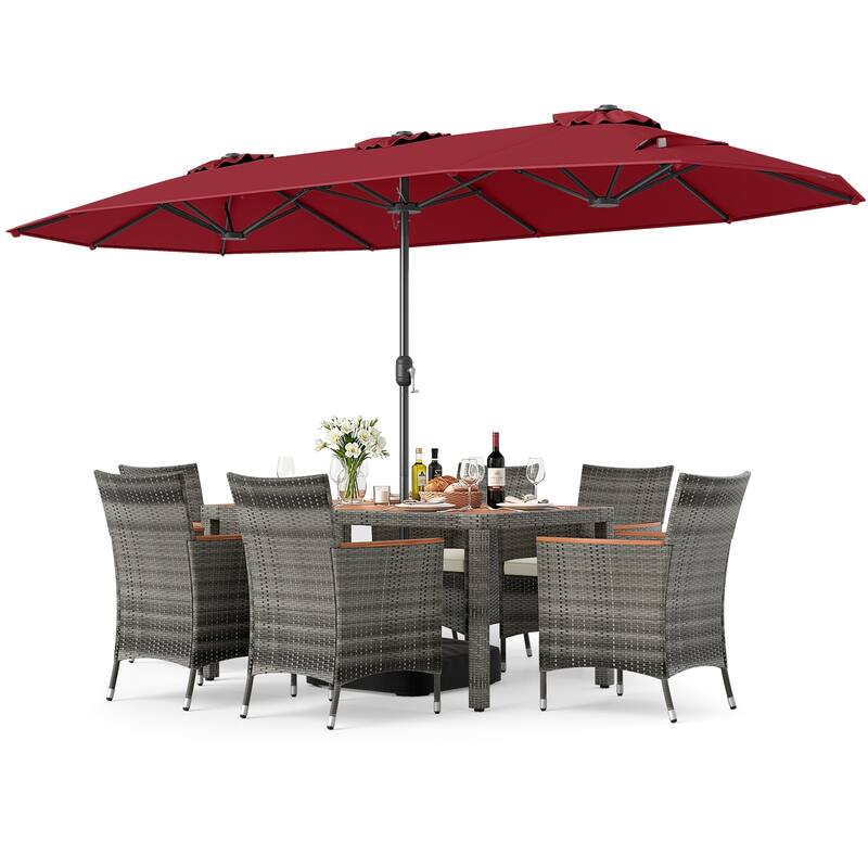 Gymax 8-Piece Patio Dining Set w/ Double-Sided Market Umbrella Acacia