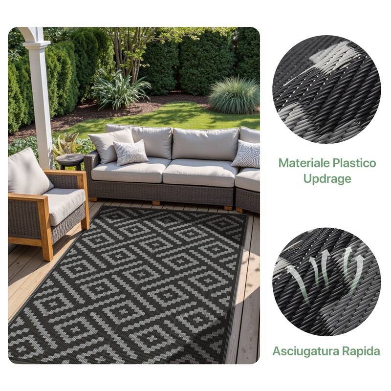 Reversible Charcoal Geometric Flat-Weave Recyclable Outdoor Rug