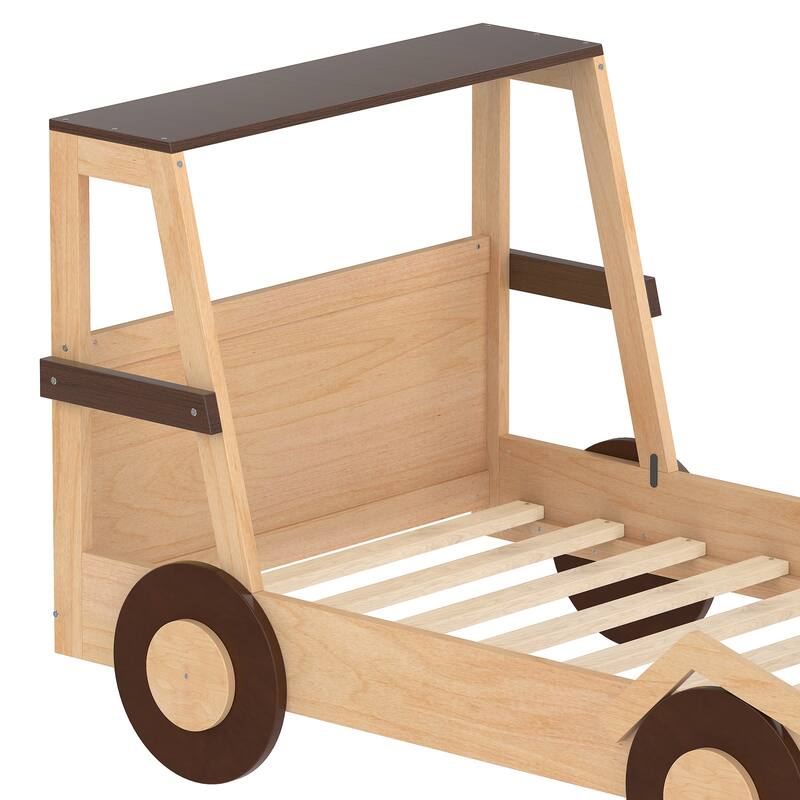 Twin Size Car Bed with Storage Shelves, Kids Platform Bed with Cute Car-shape, Childlike Design, Blue White