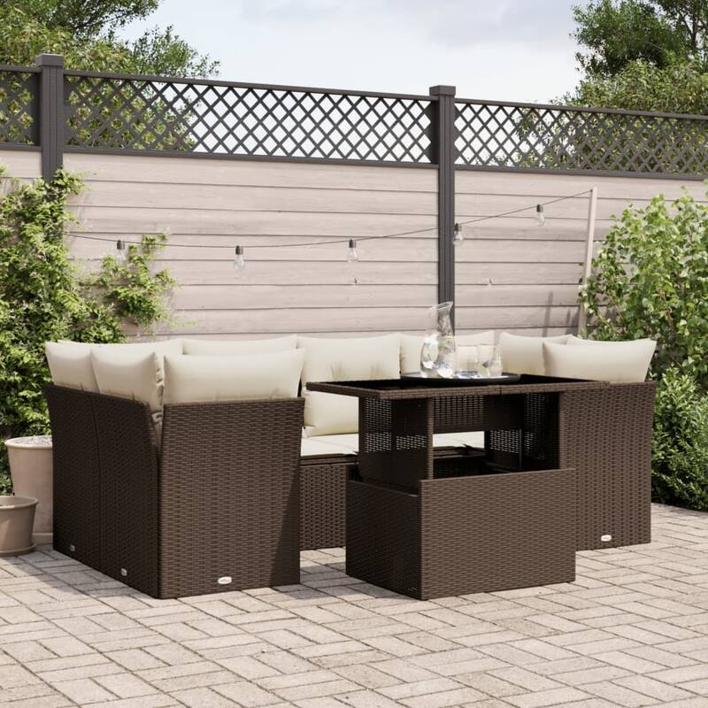 vidaXL 7 Piece Patio Sofa Set with Cushions Brown Poly Rattan - 110.2x27.2x110.2