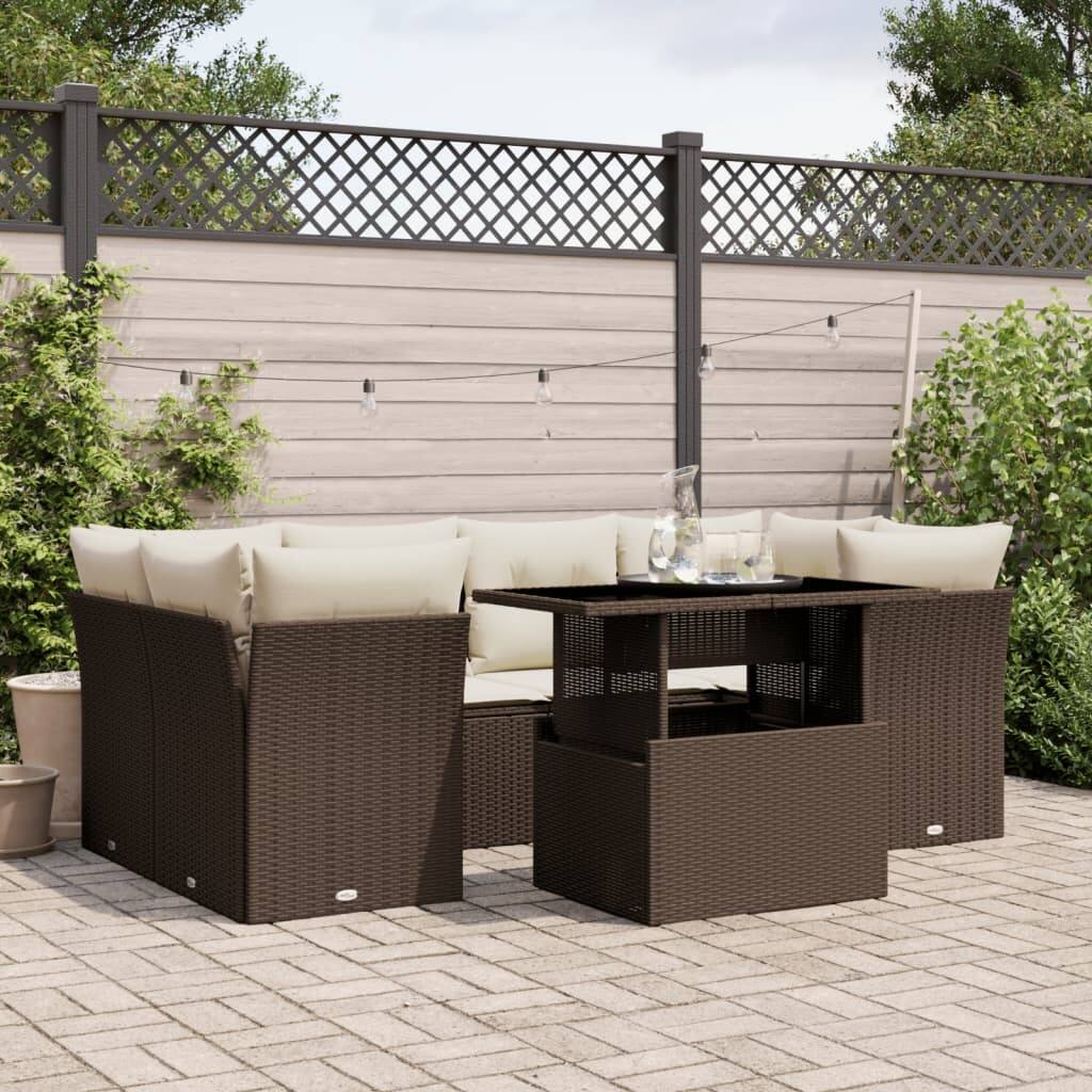 vidaXL 7 Piece Patio Sofa Set with Cushions Brown Poly Rattan - 110.2x27.2x110.2