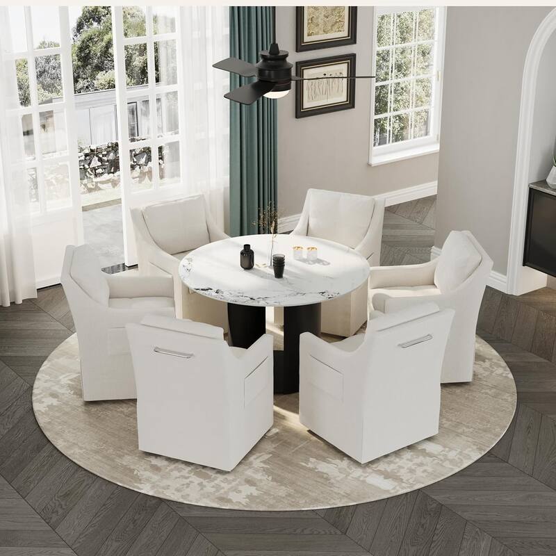 White Round Sintered Stone Dining Table with Matte Black Sandblasted Texture Base