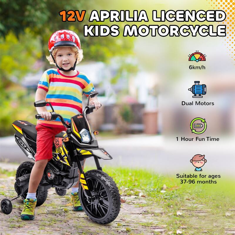 Aprilia Licensed 12V Kids Electric Dirt Bike with Training Wheels, Music, USB Port, and Headlight