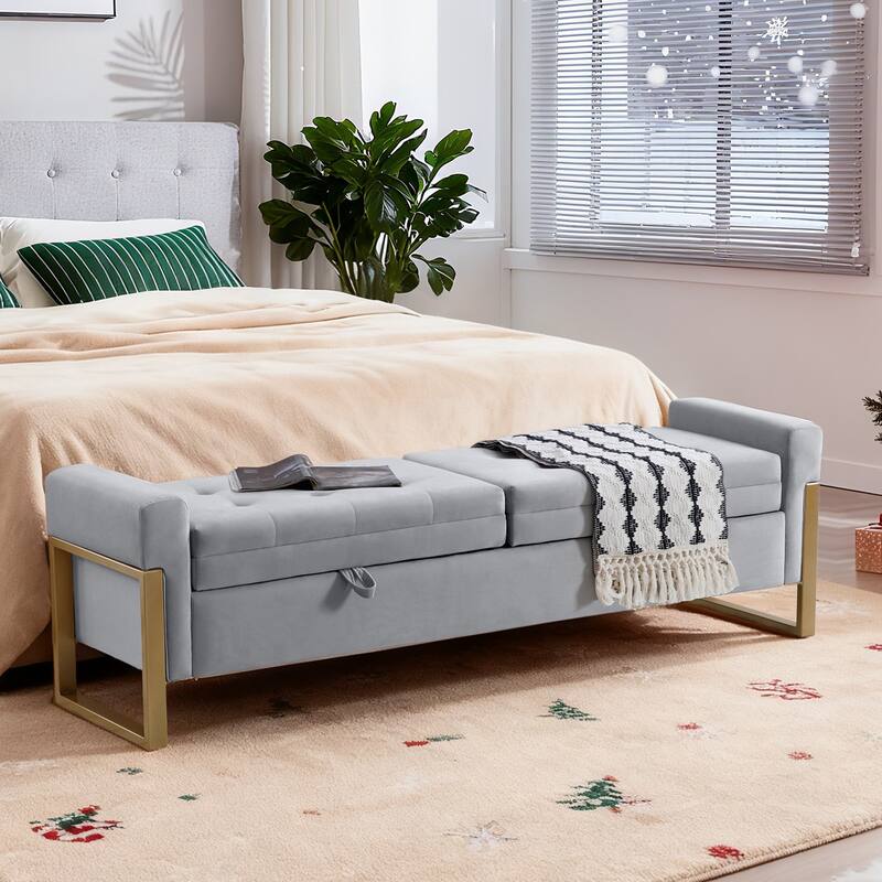 66" Storage Bench King Size End of Bed with Double Lids and Gold Legs - Grey - Velvet