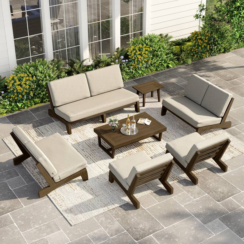 Casual Teak Wood Large 7-Piece Outdoor Patio Conversation Set - Natural Wood - Light Camel