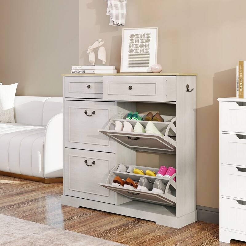 39.37 in. H x 41.3 in. W Antique White Shoe Cabinet with 2 Drawers and 4 Flip Drawers