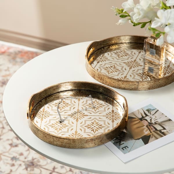 Glitzhome Set of 2 Modern Gold Floral Pattern Mirrored Decorative Trays with Handles - Gold with Patterns