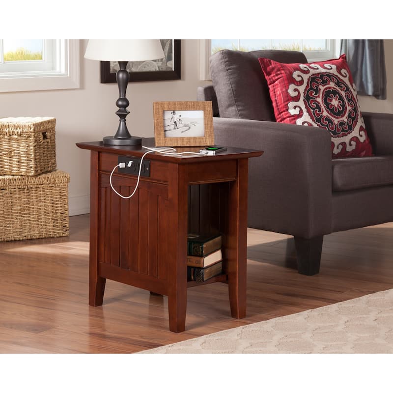 French Country Side Table with Charging Station - Walnut Finish Accent Table for Living Room - 22