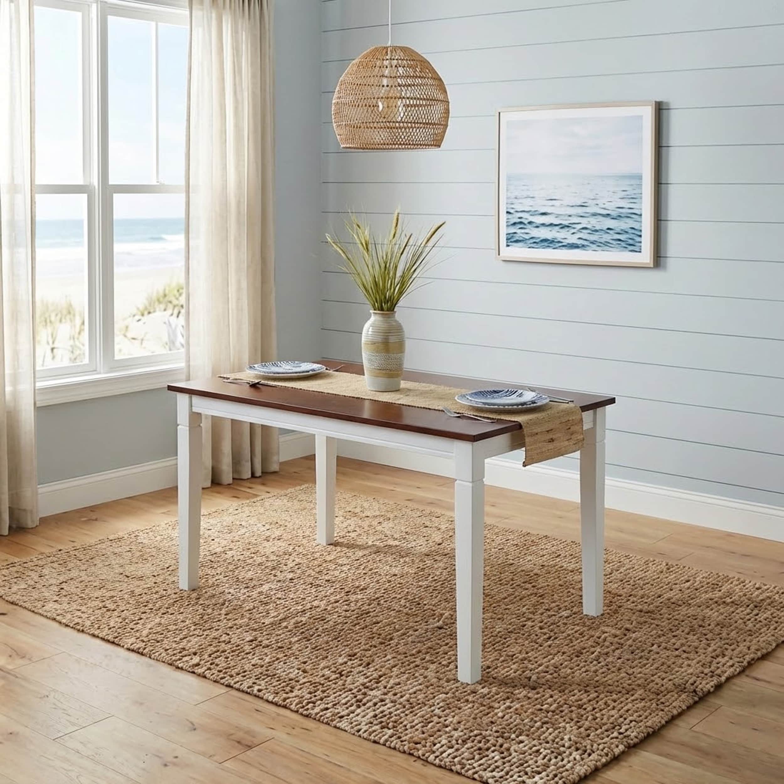 Modern 59 Inch Rectangular Dining Table, Dirty Oak/White Finish Solid Rubberwood