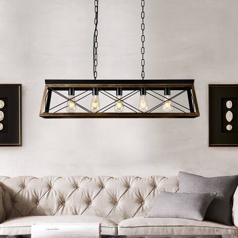 5-Light Square/Rectangle Farmhouse Chandelier For Kitchen Island With Wrought Iron Accents