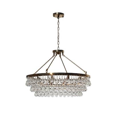 10 Light Glass Crystal Chandelier, Hanging or Flush Mount - Brass