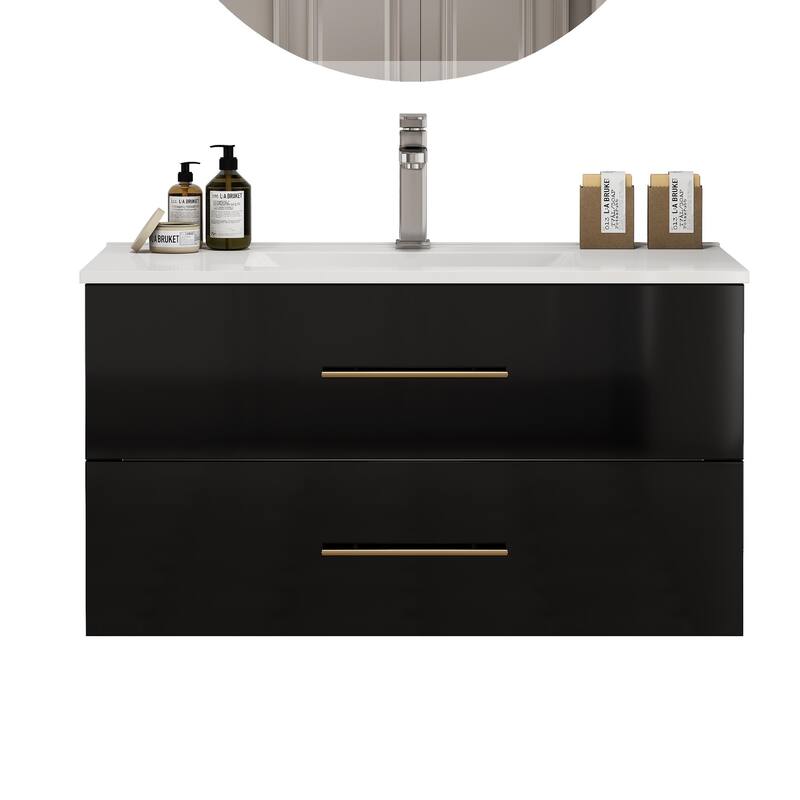 36-Inch Gloss Wall-Mounted Bathroom Vanity with Sink Combo,Double Drawers,Ceramic Sink, Long Gold Metal Handle