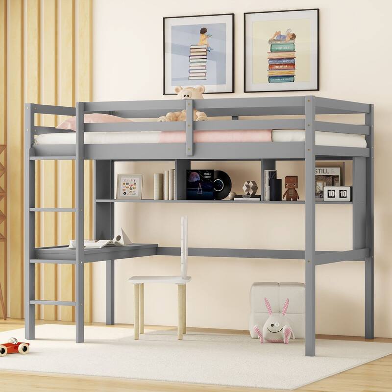 Modern Twin Loft Bed with Built-in Desk, Shelves, and Secure Ladder, Pine Wood Frame for Study & Sleep