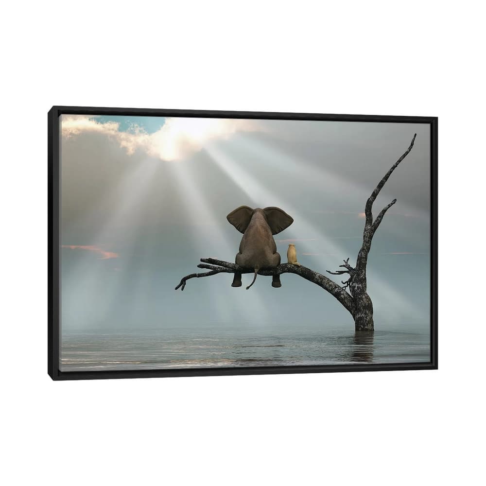 iCanvas "Elephant And Dog Are Sitting On A Tree Fleeing A Flood" by Mike Kiev Framed Canvas Print