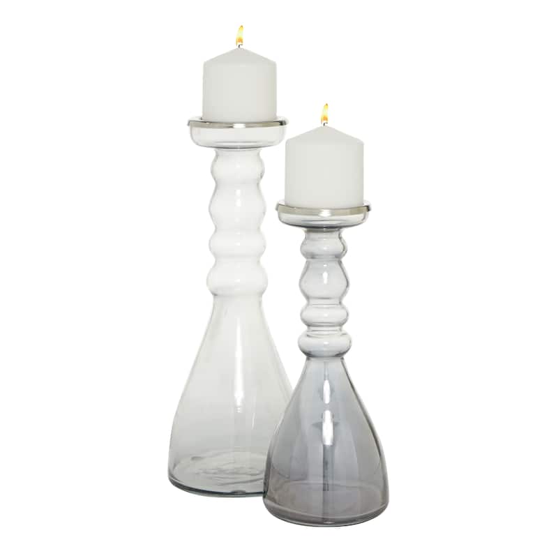 Gray Glass Handmade Bubble Pillar Candle Holder (Set of 2) - S/2 11", 14"H