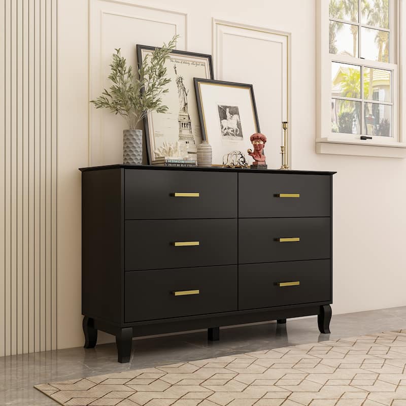 6 Drawer 47.2'' W Double Dresser Black/White Lacquer Chest Storage