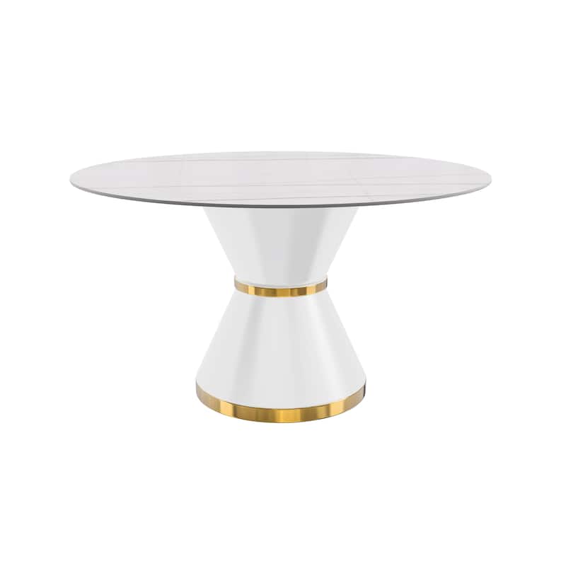 Round Dining Table with a Glass/Stone Tabletop in Qorvus Series by LeisureMod - 60" Wide - White/Gold