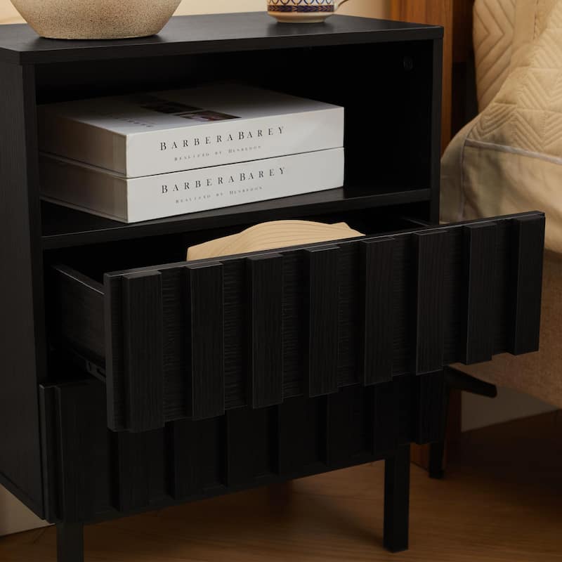 Mid Century Woodgrain Nightstand Pair 2 Drawers Bedside Table