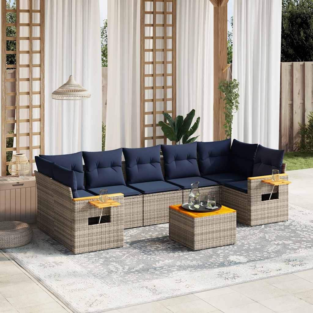 vidaXL 8 Piece Patio Sofa Set with Cushions Grey Poly Rattan (US only) - 113.8x33.5x70.5