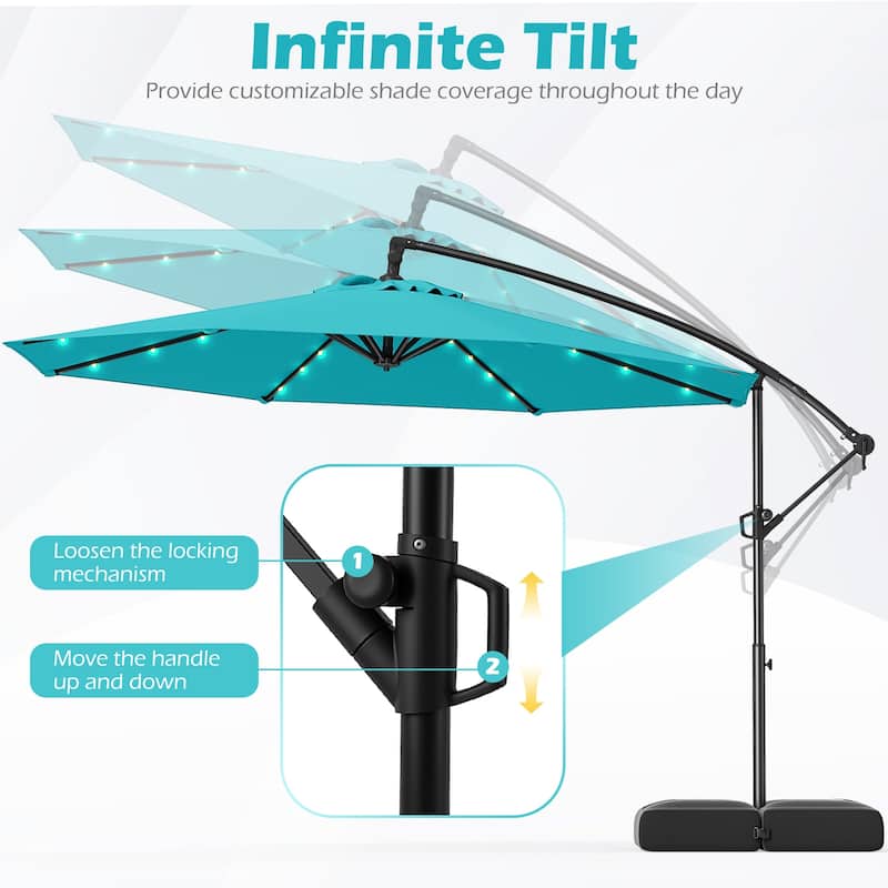 Large 10 Feet Patio Offset Umbrella with Stable Crossed Base and Solar LED Lights for Outdoor