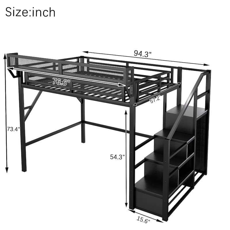 Full Size Loft Bed with Stairs, Metal Full Loft Bed with Storage Shelves, High Loft Bed with Wardrobe for Kids Teens