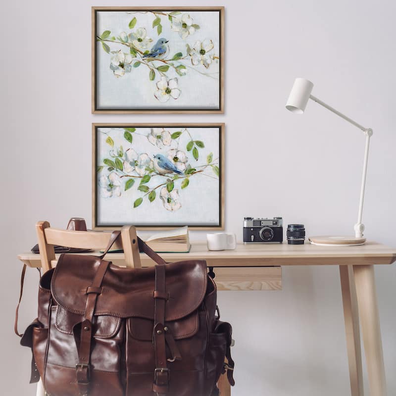 Stupell Perched Bluebirds on Branch Framed Floater Canvas Wall Art Design By Sally Swatland (Set of 2)