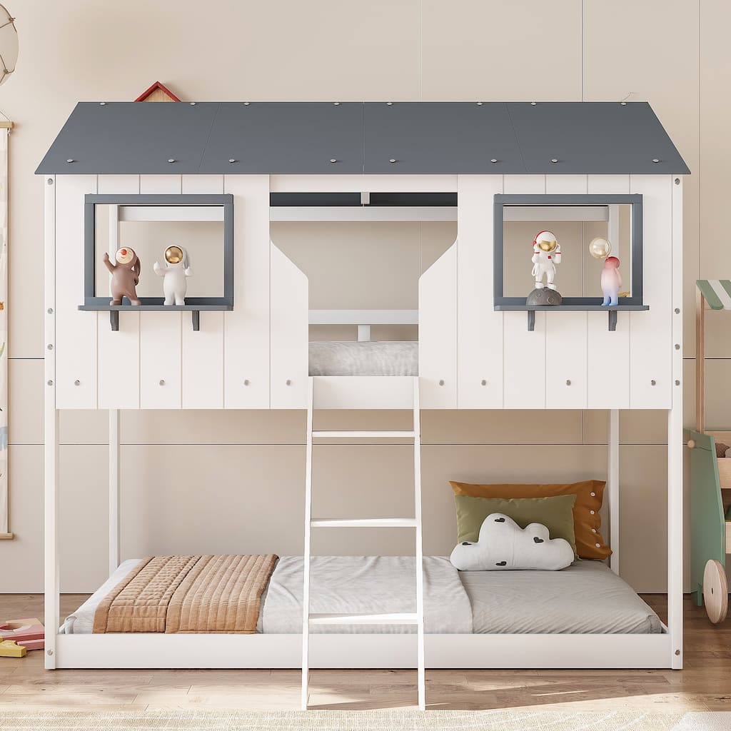 Kids House Bed Twin Over Twin Bunk Bed with Roof, Window and Shelves
