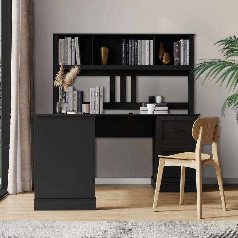 Modern Multifunctional L-Shaped Wooden Computer Desk - Black