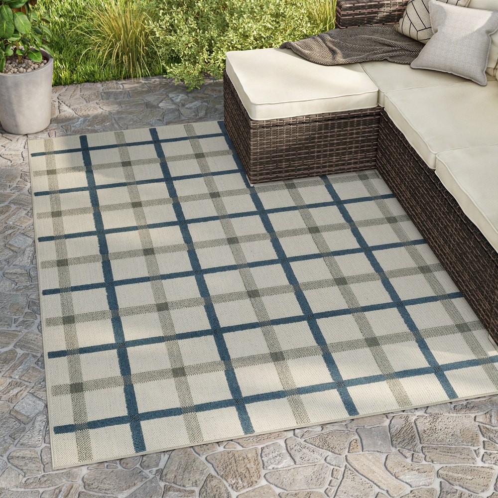 Vista Home Talcot Preppy Plaid Grey/Teal Indoor-Outdoor Area Rug