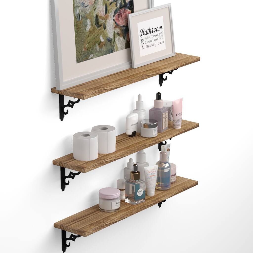 Wallniture Ravello 24" Wood Floating Shelves for Bathroom Decor, Burned (Set of 3)